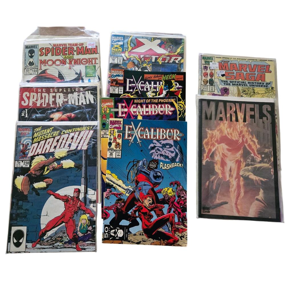 9-Marvel Comic Books 3-Excalibur 2-SpiderMan 1-DareDevil 1-XFactor 2-Marvels